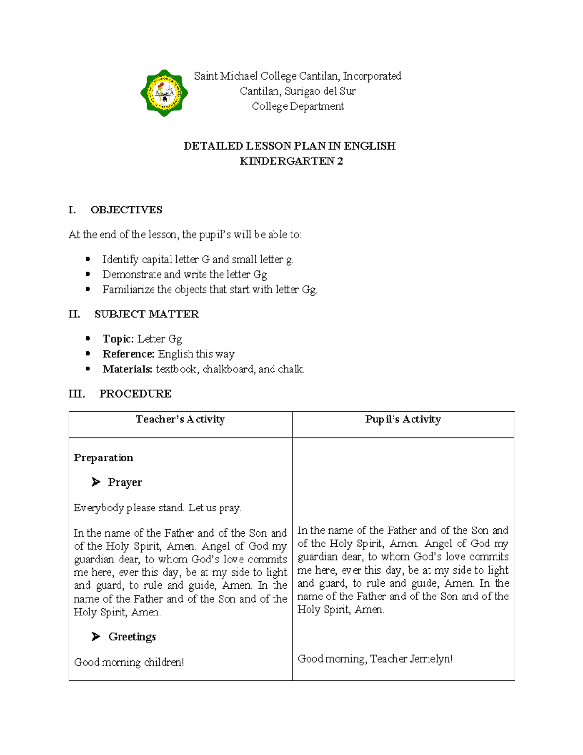 Detailed Lesson Plan: Letter Gg - Kindergarten 2 (ENG 1) - Studocu