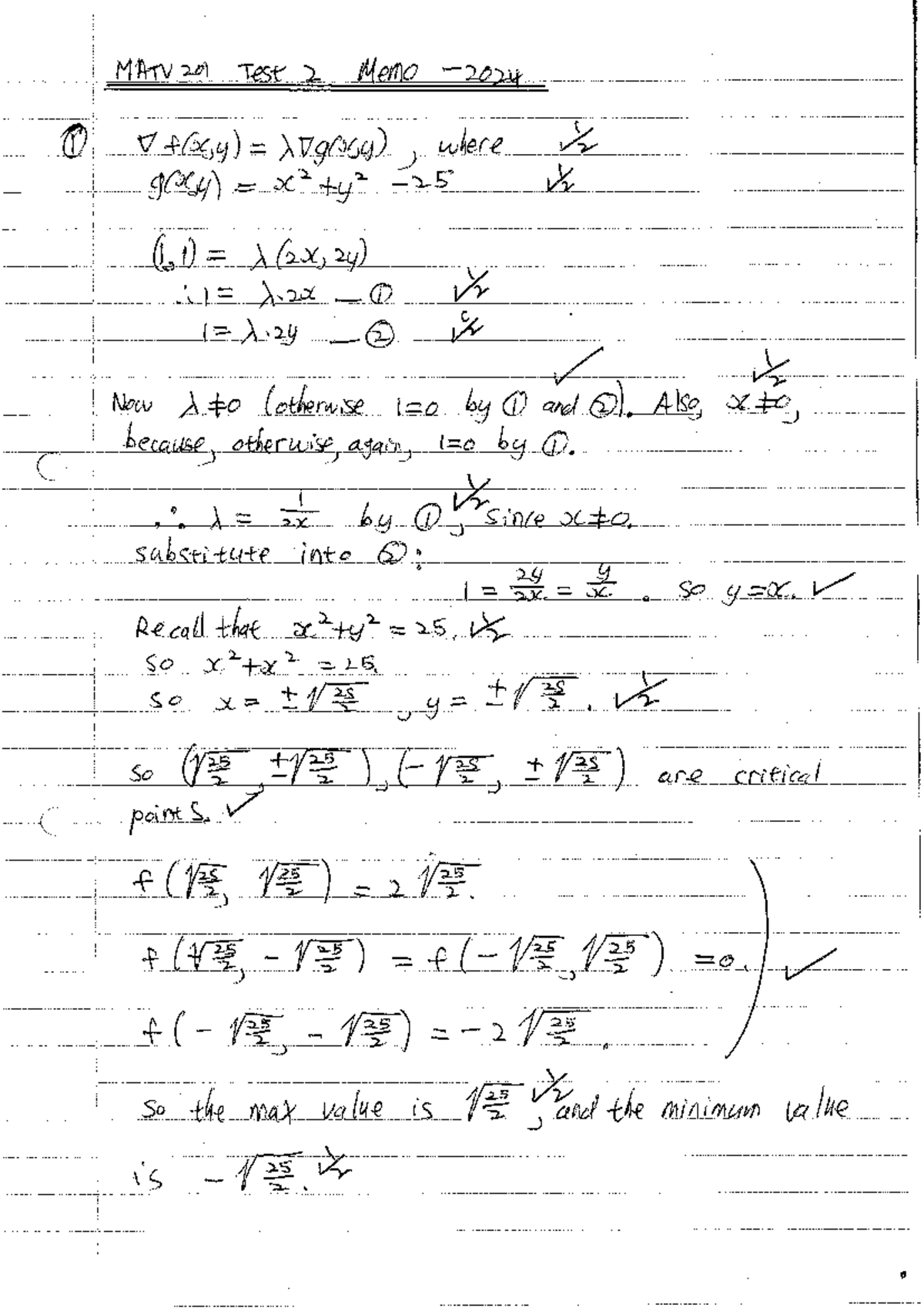 MATV 201 Test 2 Memo - Critical Points and Max/Min Values - Studocu