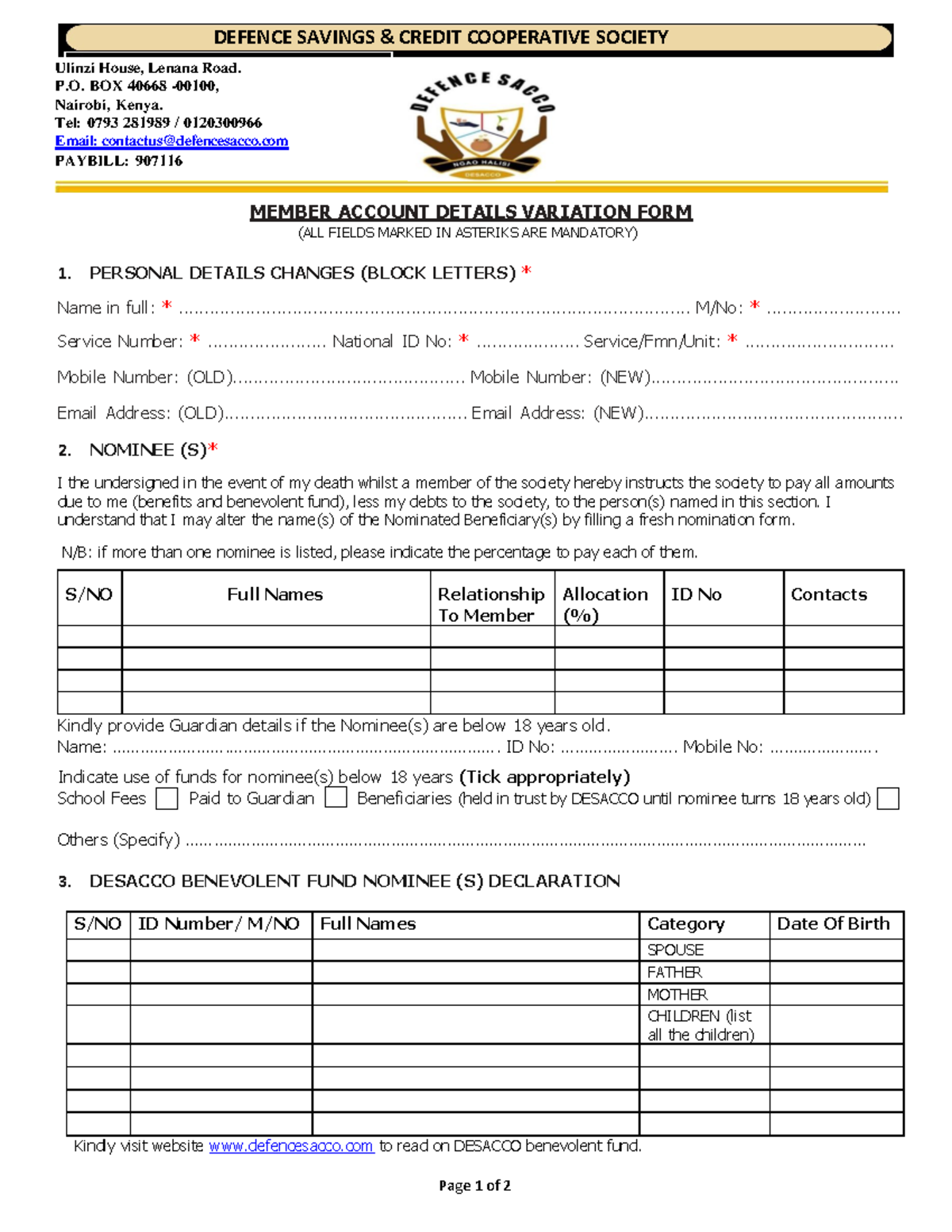 Membership Variation Form for Personal & Nominee Details - Studocu