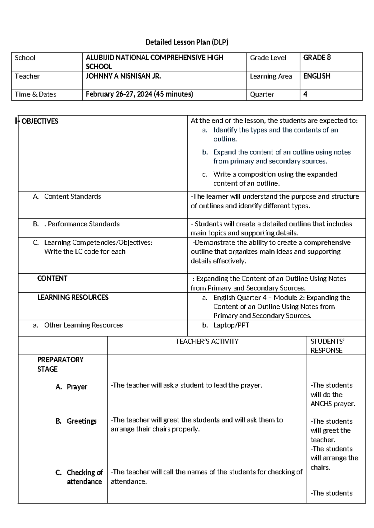 Lesson Plan for Grade 8 English: Outlines with Sources (Q4) - Studocu