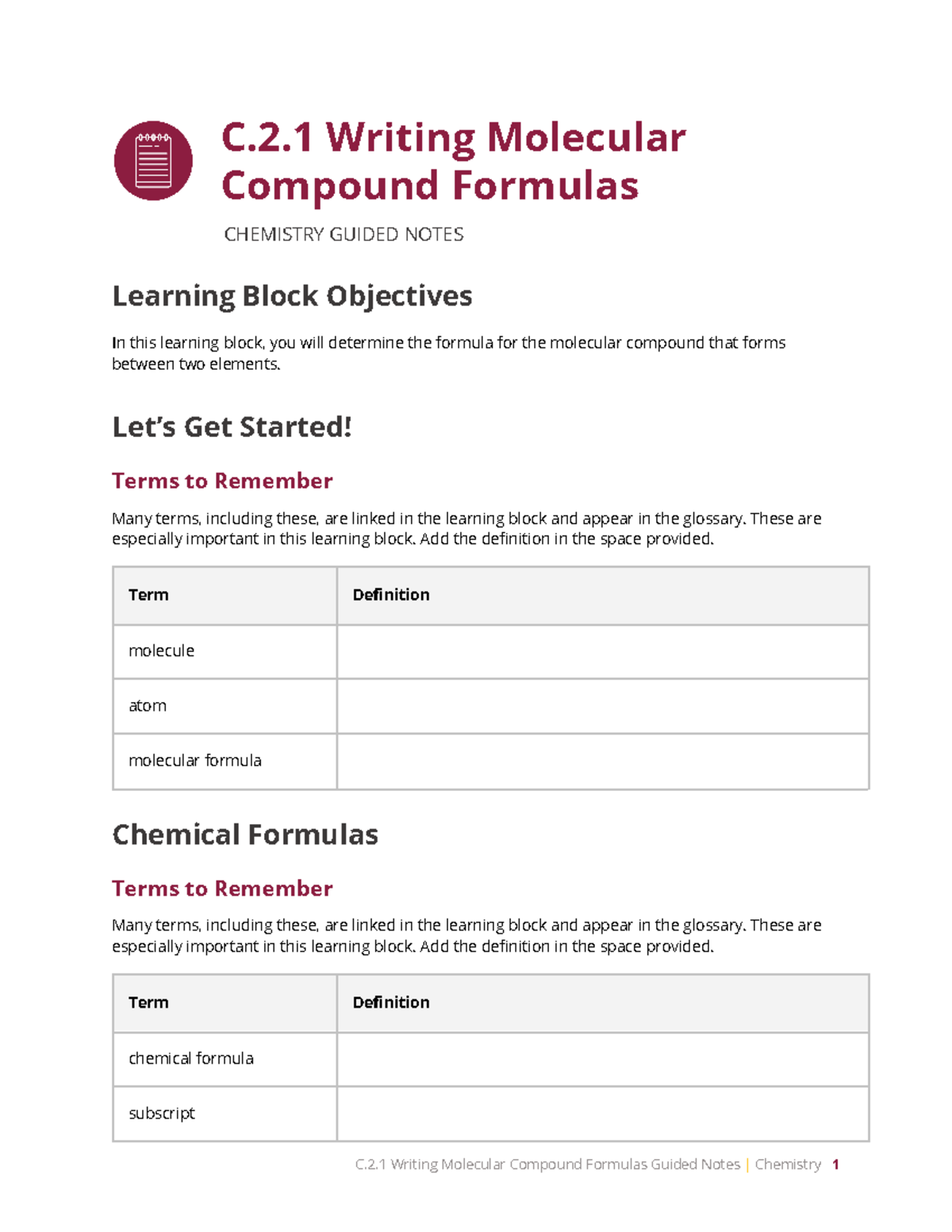 C.2.1 Writing Molecular Compound Formulas Guided Notes for Chemistry 1 ...