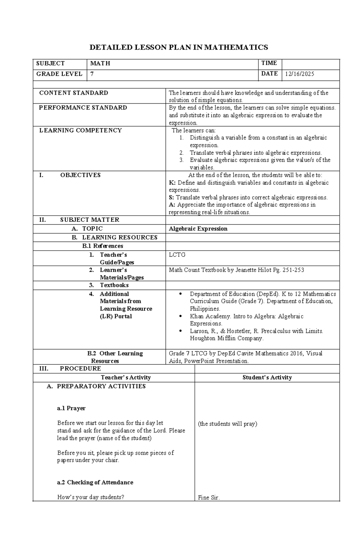 Detailed Lesson Plan in Mathematics (MATH 7) on Algebraic Expressions ...