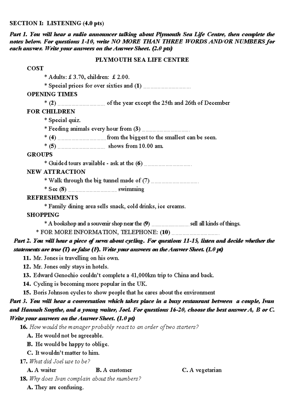 BD 9-B3 - Listening and Reading Comprehension Practice - Studocu