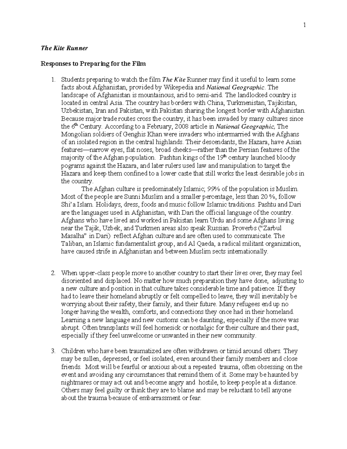 The Kite Runner responses - The Kite Runner Responses to Preparing for ...