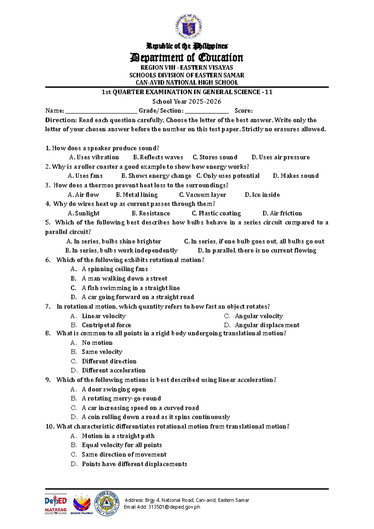 1st Quarter Exam in General Science (Physics) - Summative Test - Studocu