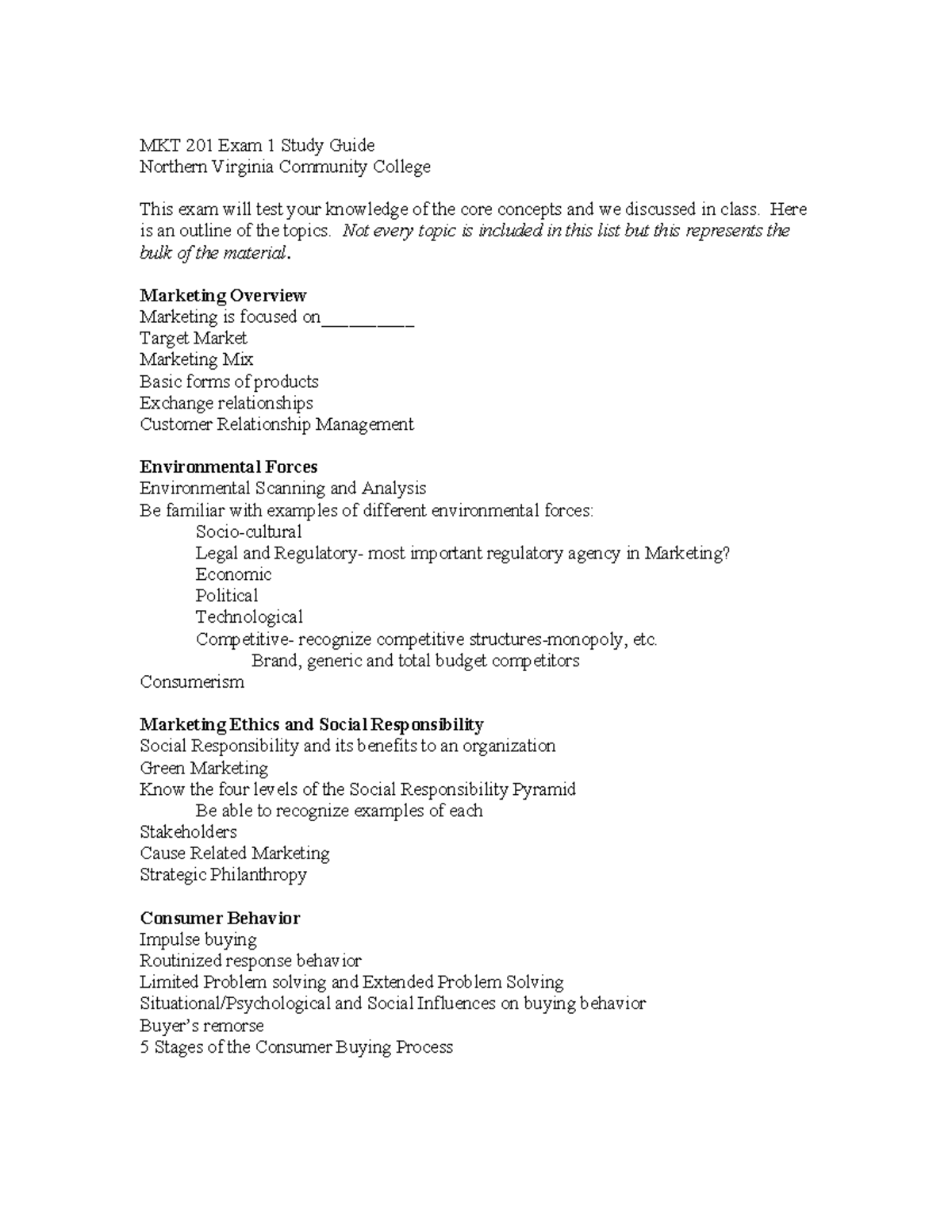 MKT 201 Exam 1 Study Guide - Key Marketing Concepts & Topics - Studocu