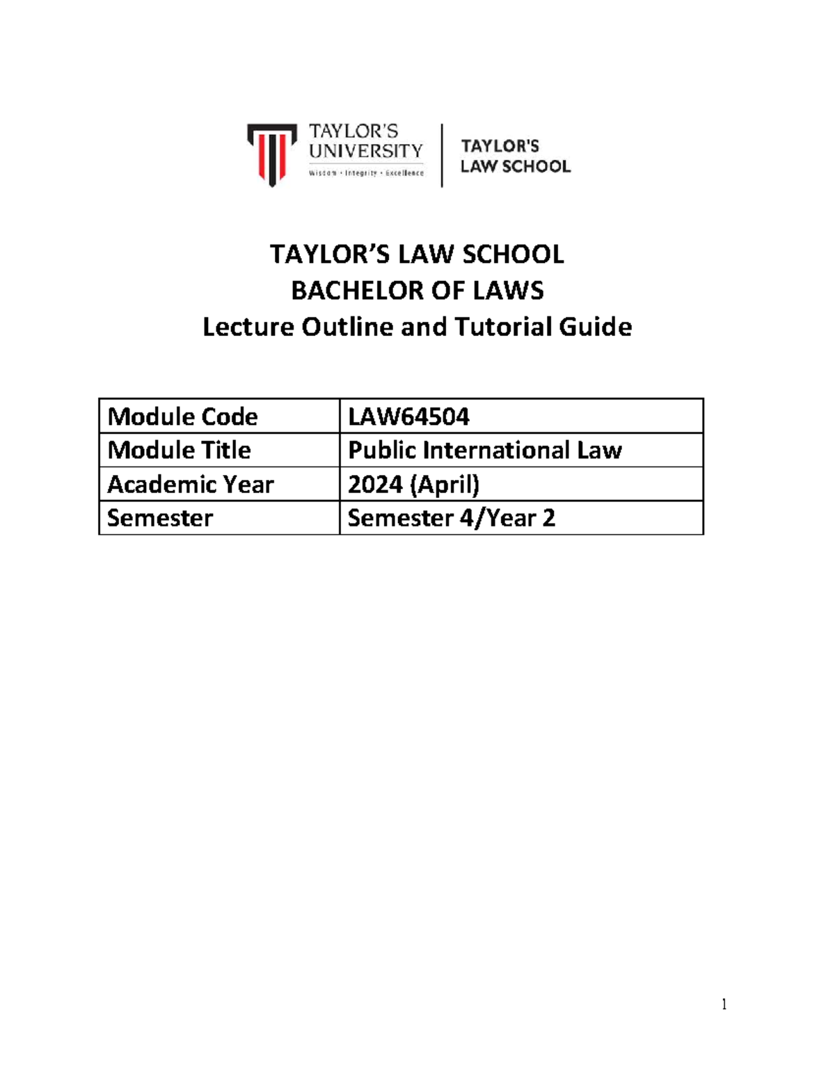 LAW64504 Public International Law Lecture Outline & Tutorial Guide 2024 ...