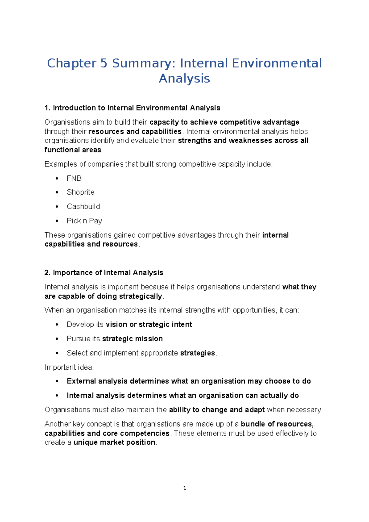 Chapter 5 Summary: Internal Environmental Analysis Insights - Studocu