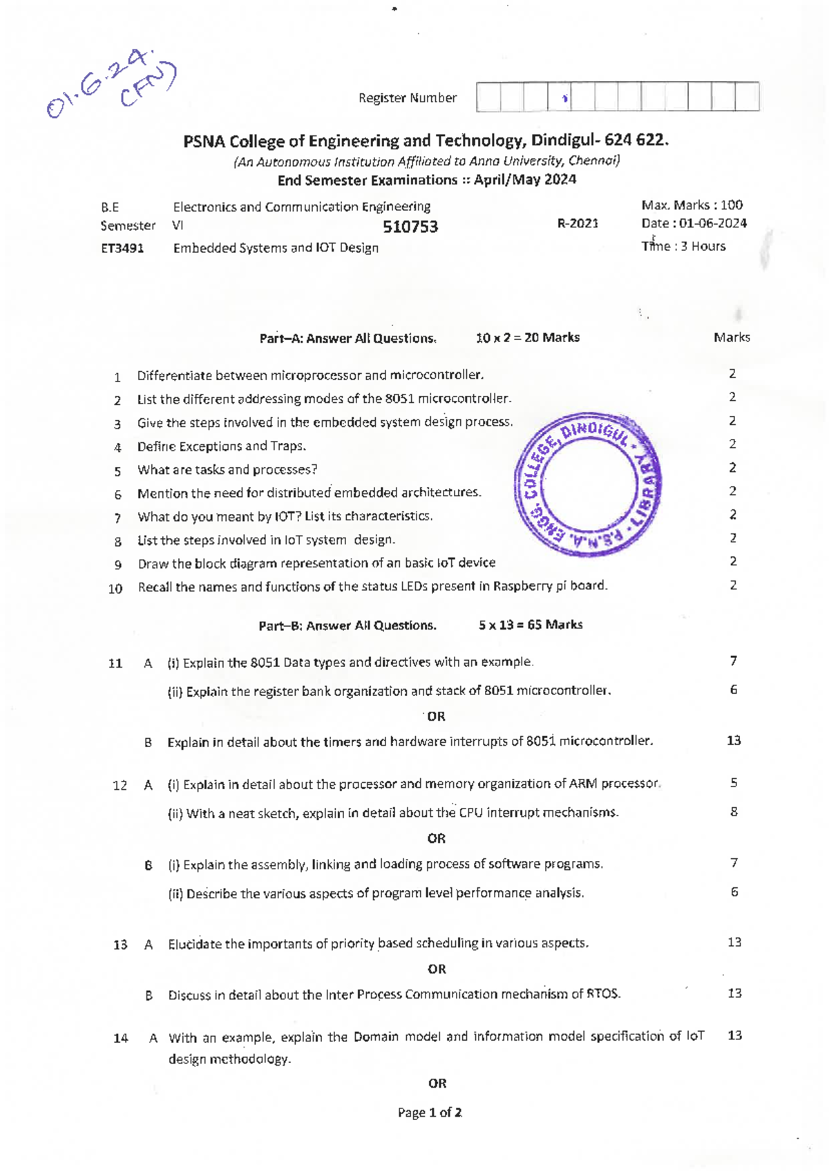 ET3491 - End Semester Exam Questions on Embedded Systems & IoT Design ...