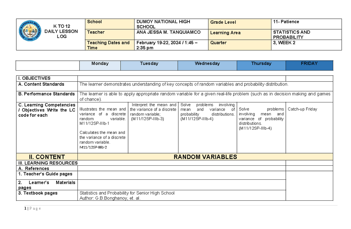 STAT 3rd Quarter Week 2 Daily Lesson Log on Statistics & Probability ...