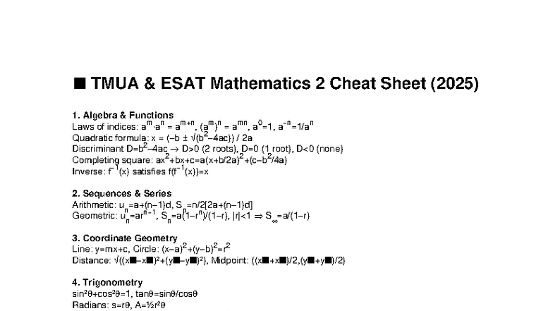 TMUA ESAT Math2 Cheat Sheet 2025 fixed - n TMUA & ESAT Mathematics 2 ...