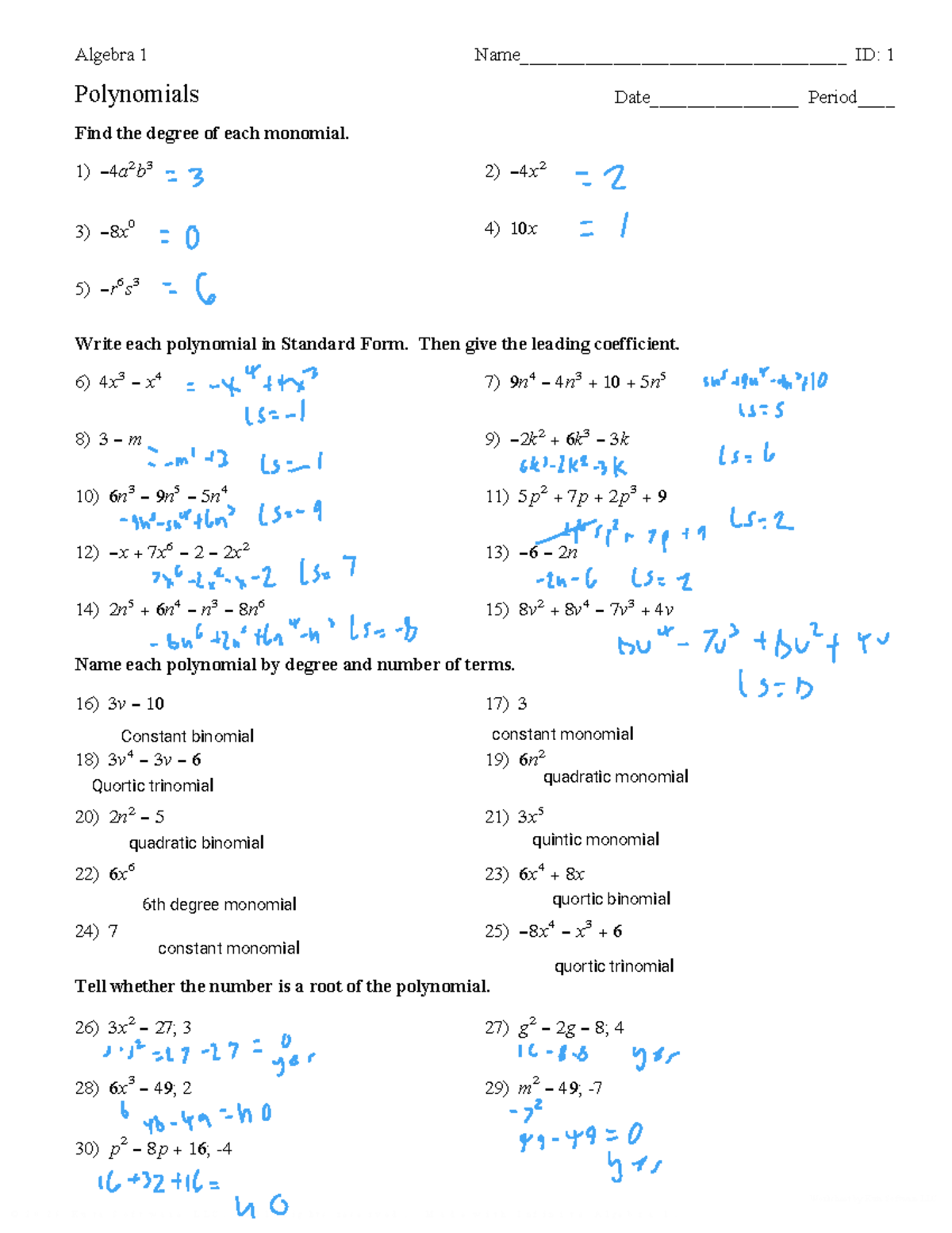 Algebra 1 ID: 1 Polynomials Worksheet on Monomials and Standard Form ...