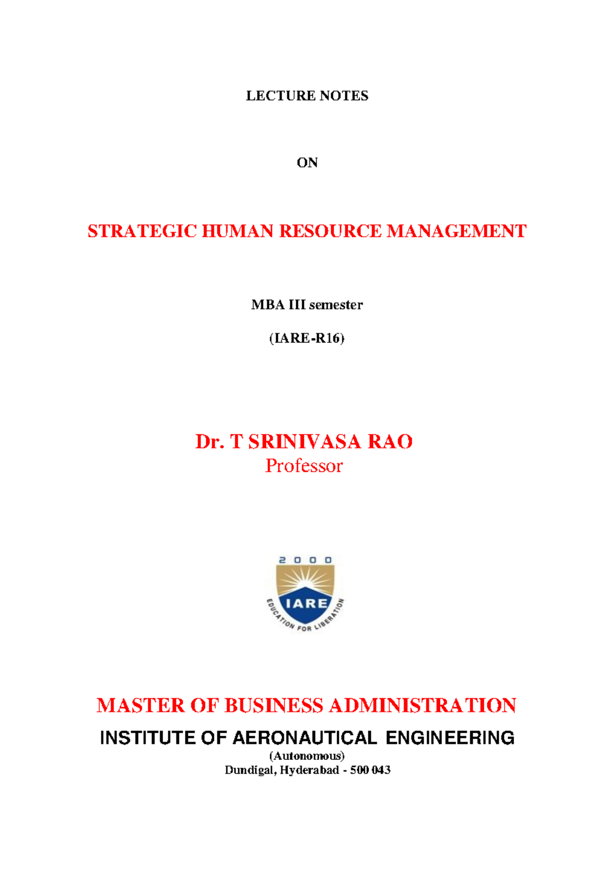 MBA III Lecture Notes on Strategic Human Resource Management - Studocu