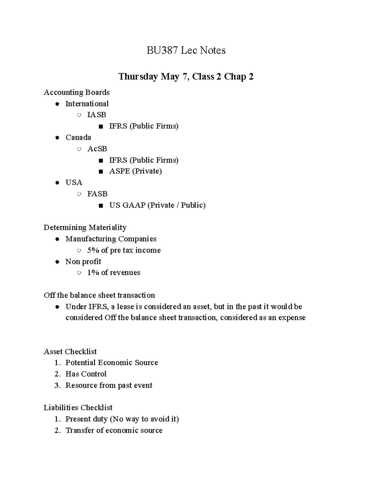 BU387 Acctg 1 Lec Notes: IASB, IFRS, and Materiality Insights - Studocu