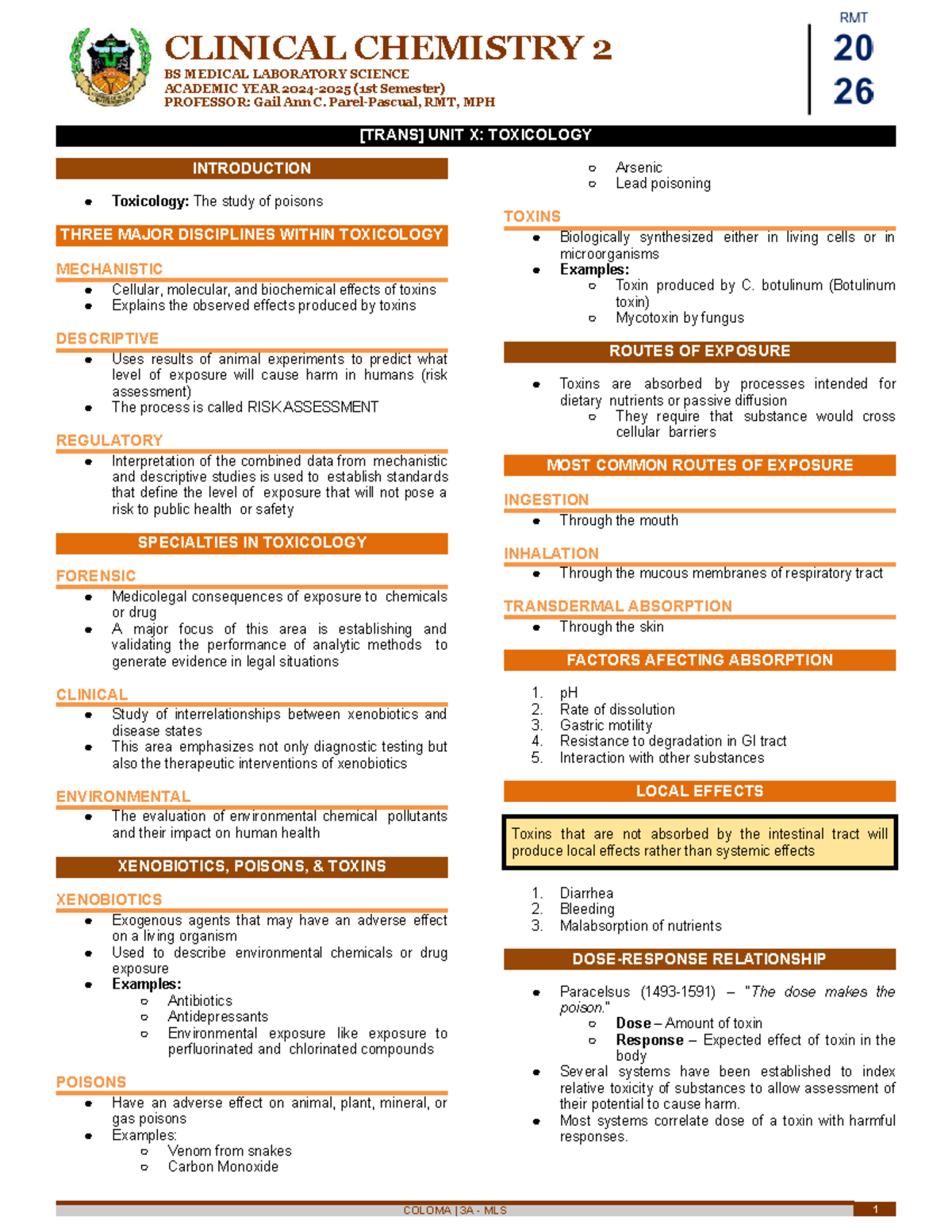 CC2 Toxicology Lecture Notes - Clinical Chemistry Overview - Studocu