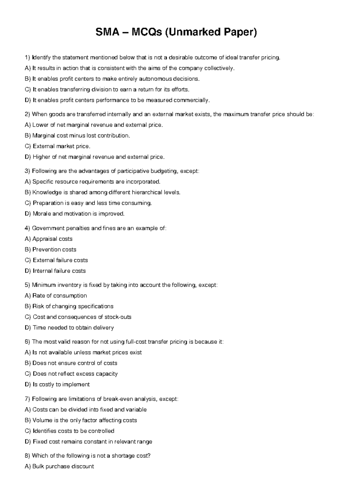 SMA MCQs Unmarked Paper: Key Concepts and Insights - Studocu