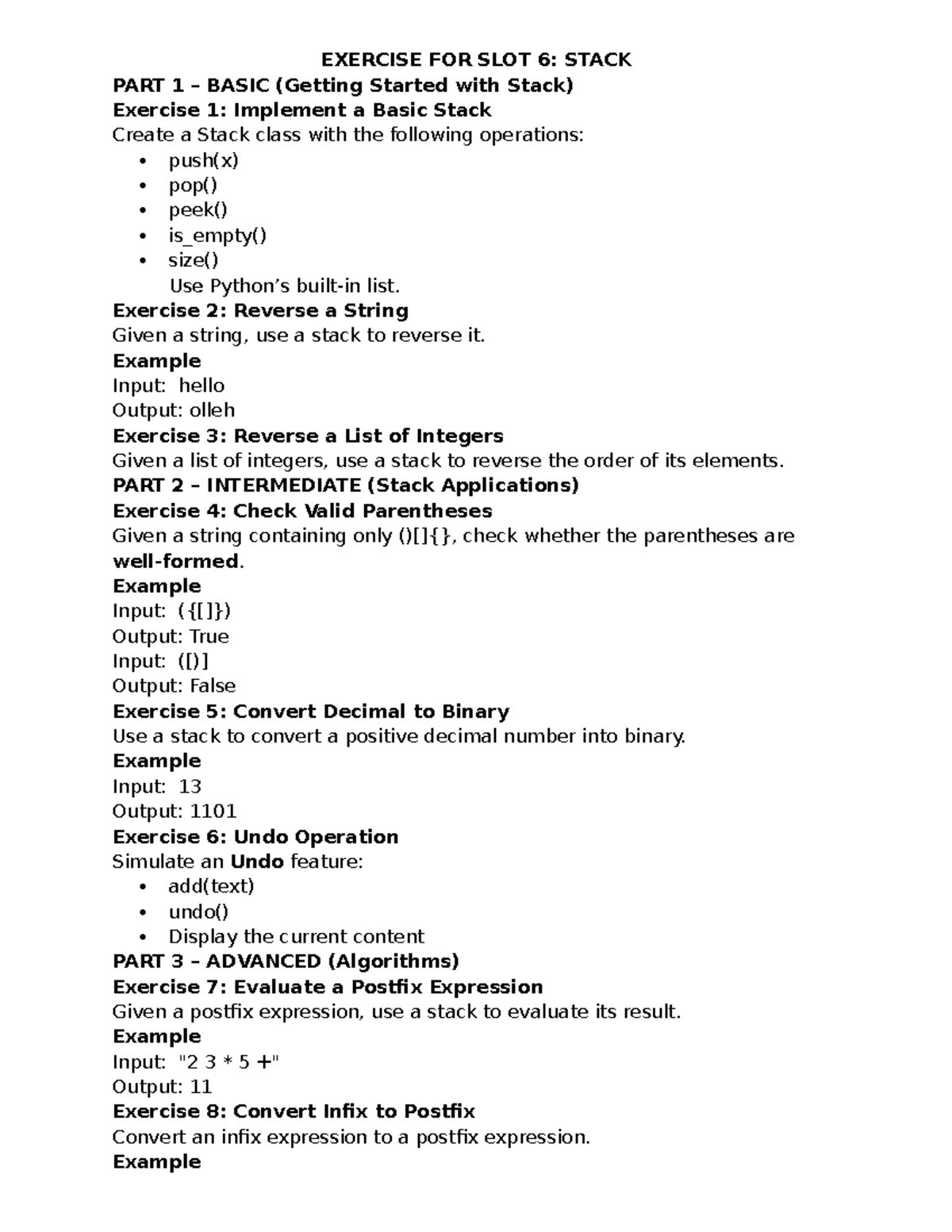 CSD203 Exercise: Stack Implementation and Applications - Studocu