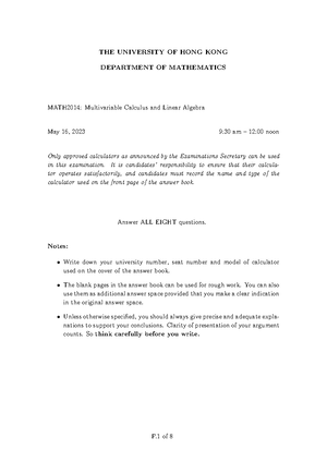 Multivariable calculus and linear algebra - MATH2014 - HKU - Studocu