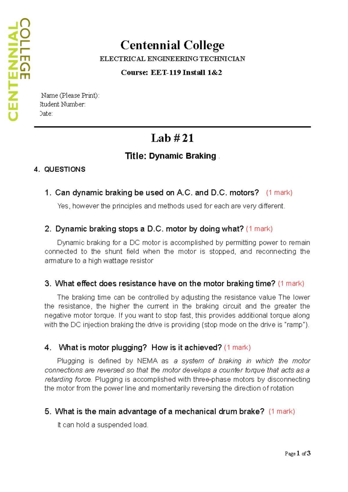 EET 119 - Lab 21 Motor Braking Methods - Centennial College ELECTRICAL ...