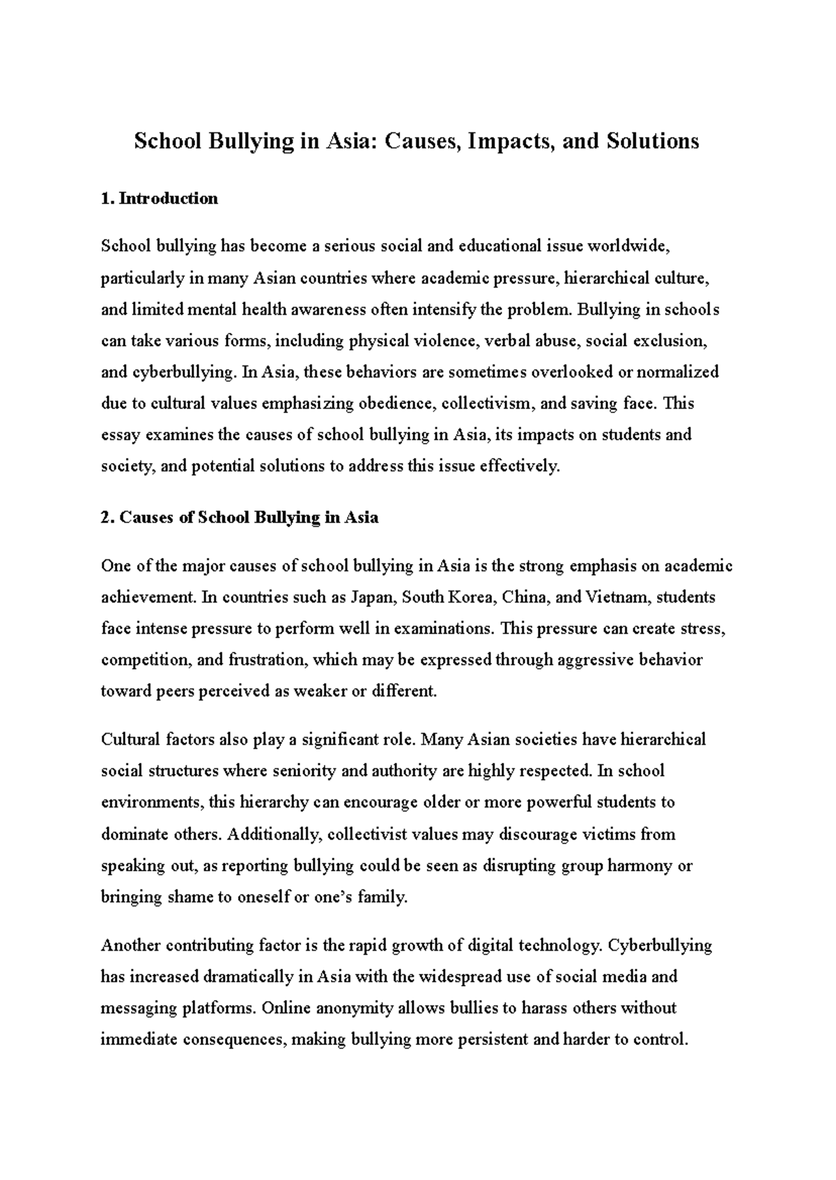 School Bullying in Asia: Causes, Effects, and Solutions Analysis - Studocu