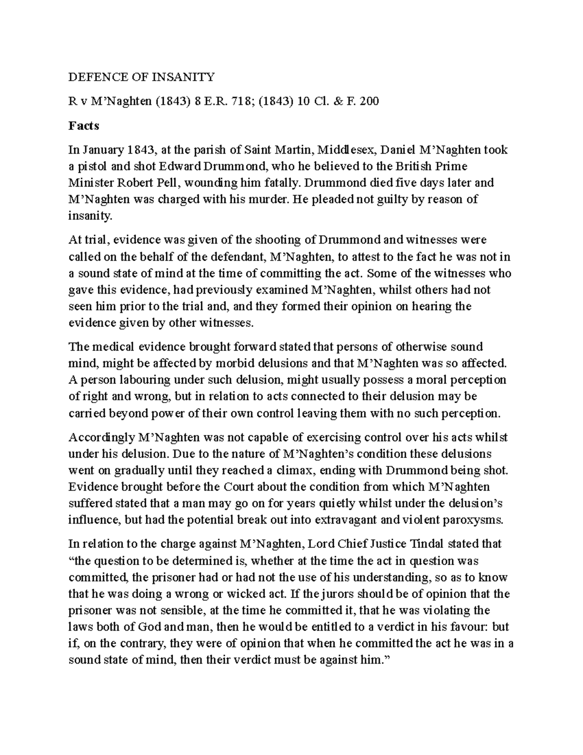 M’Naghten Case Summary & Insanity Defence Analysis - Studocu