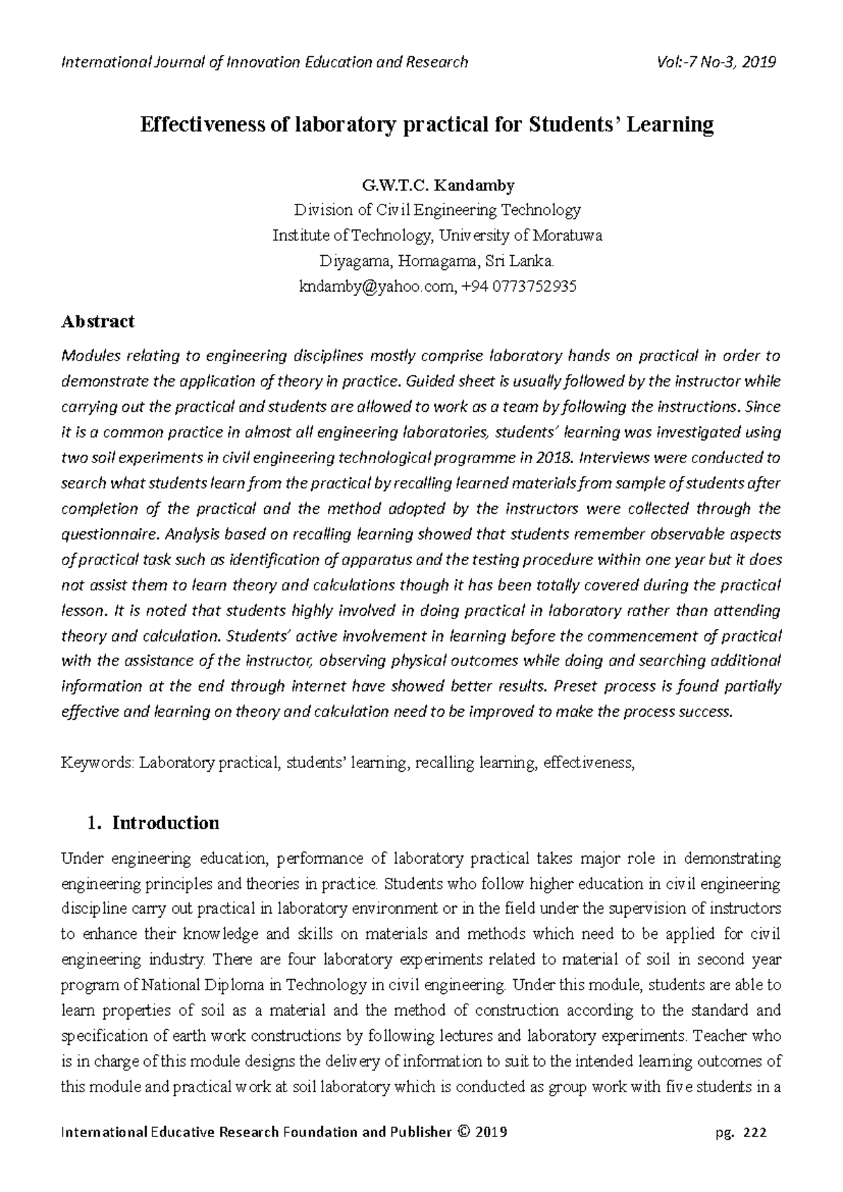 Effectiveness of Laboratory Practical in Civil Engineering (G.W.T.C ...