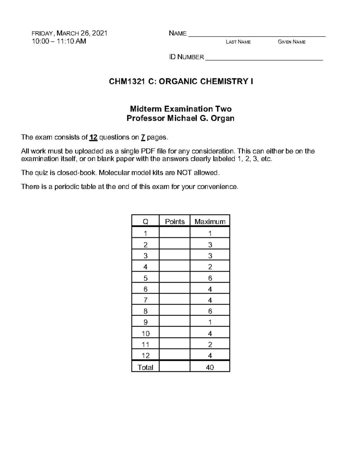 CHM1321 C: Organic Chemistry I Midterm Exam Two Answers - Studocu
