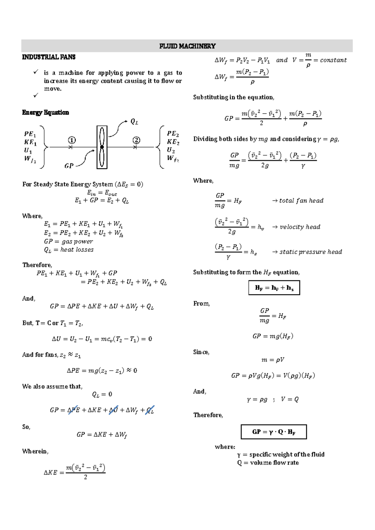FLUID MACHINERY: ENERGY EQUATIONS & HEAD CONVERSIONS (FANS) - Studocu
