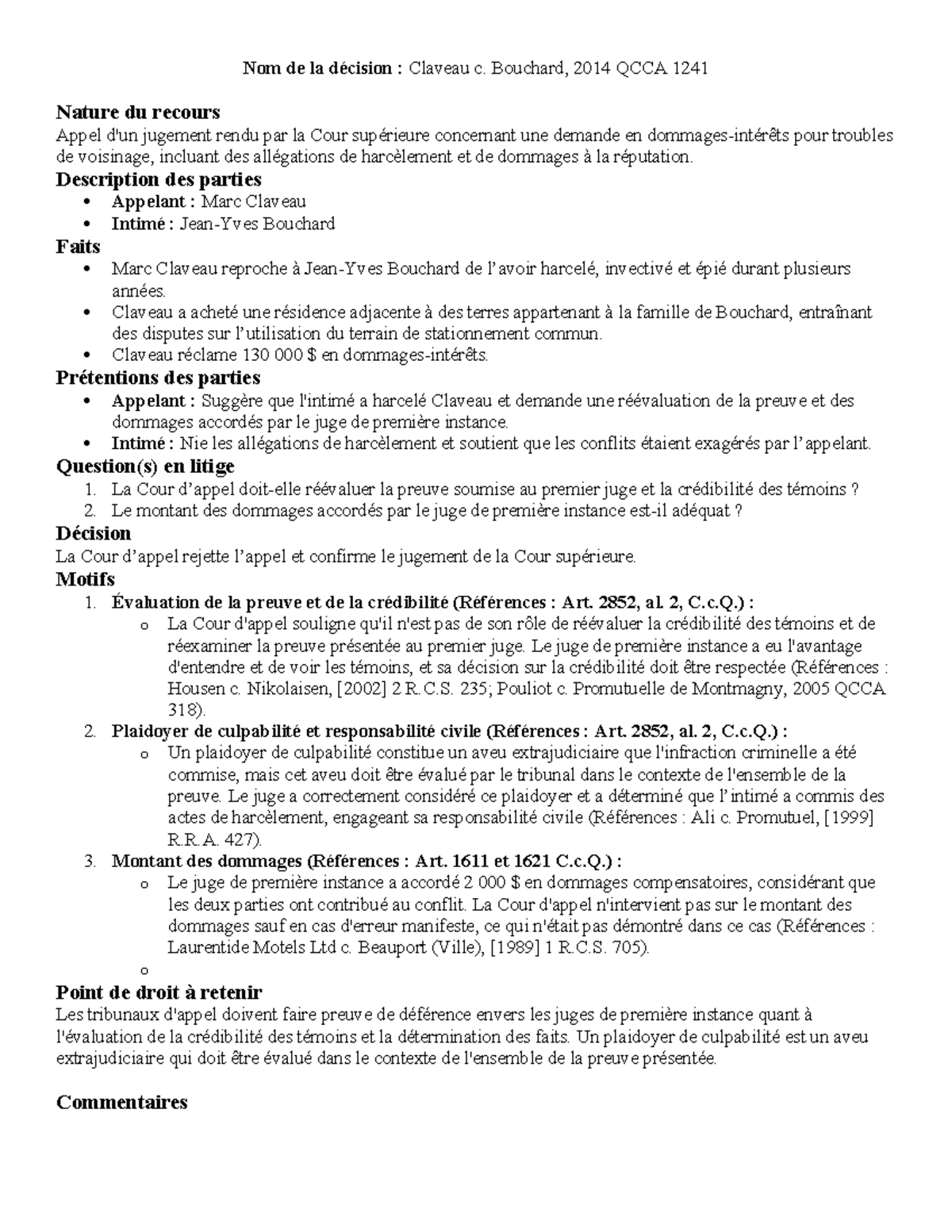 Appel de la décision Claveau c. Bouchard, 2014 QCCA 1241 - Studocu