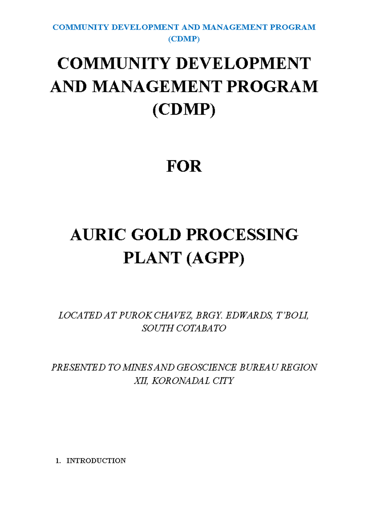 CDMP: Community Development Plan for Auric Gold Processing Plant - Studocu