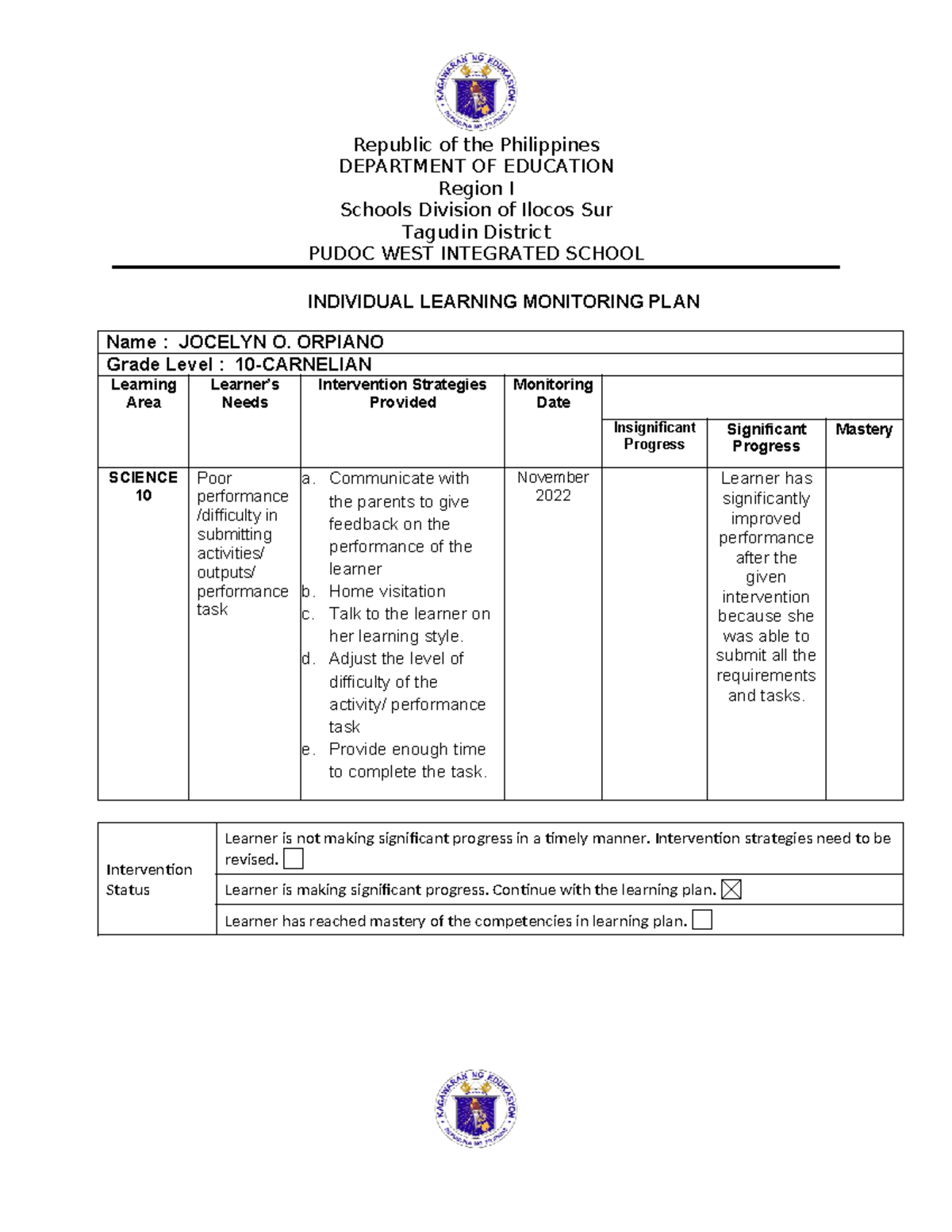 Module 3A-5: Individual Learning Monitoring Plan for Grade 10-Carnelian ...