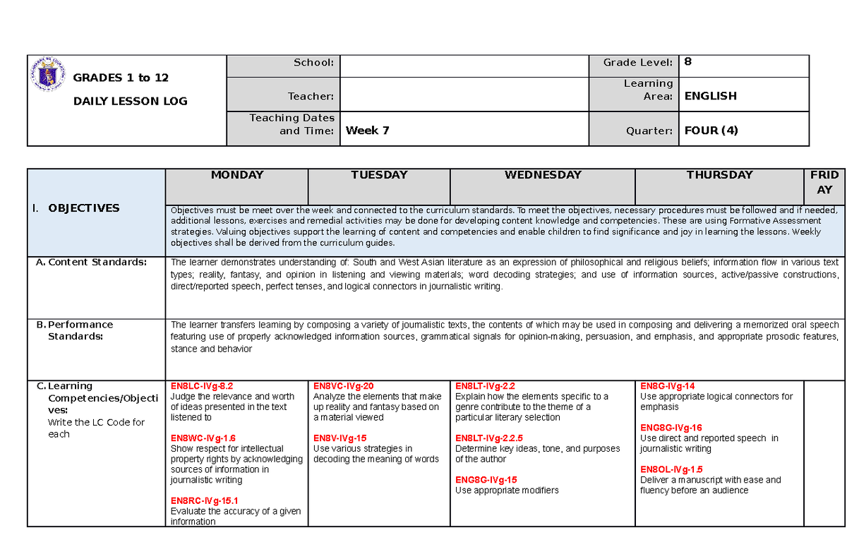 DLL-Eng8-4th Q-Week 7 Daily Lesson Log for English 8 - Studocu