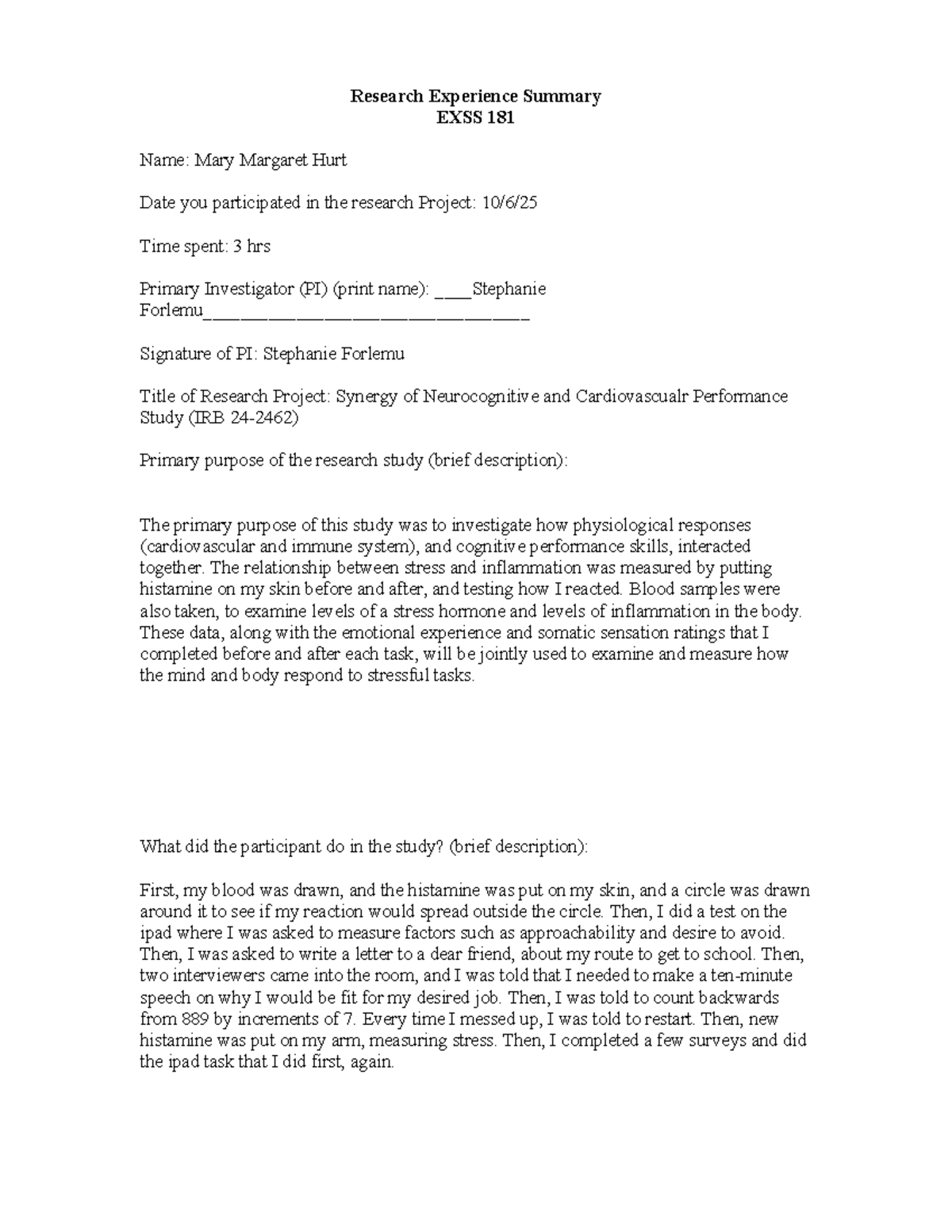 Research Experience Summary: Synergy of Neurocognitive & Cardiovascular ...
