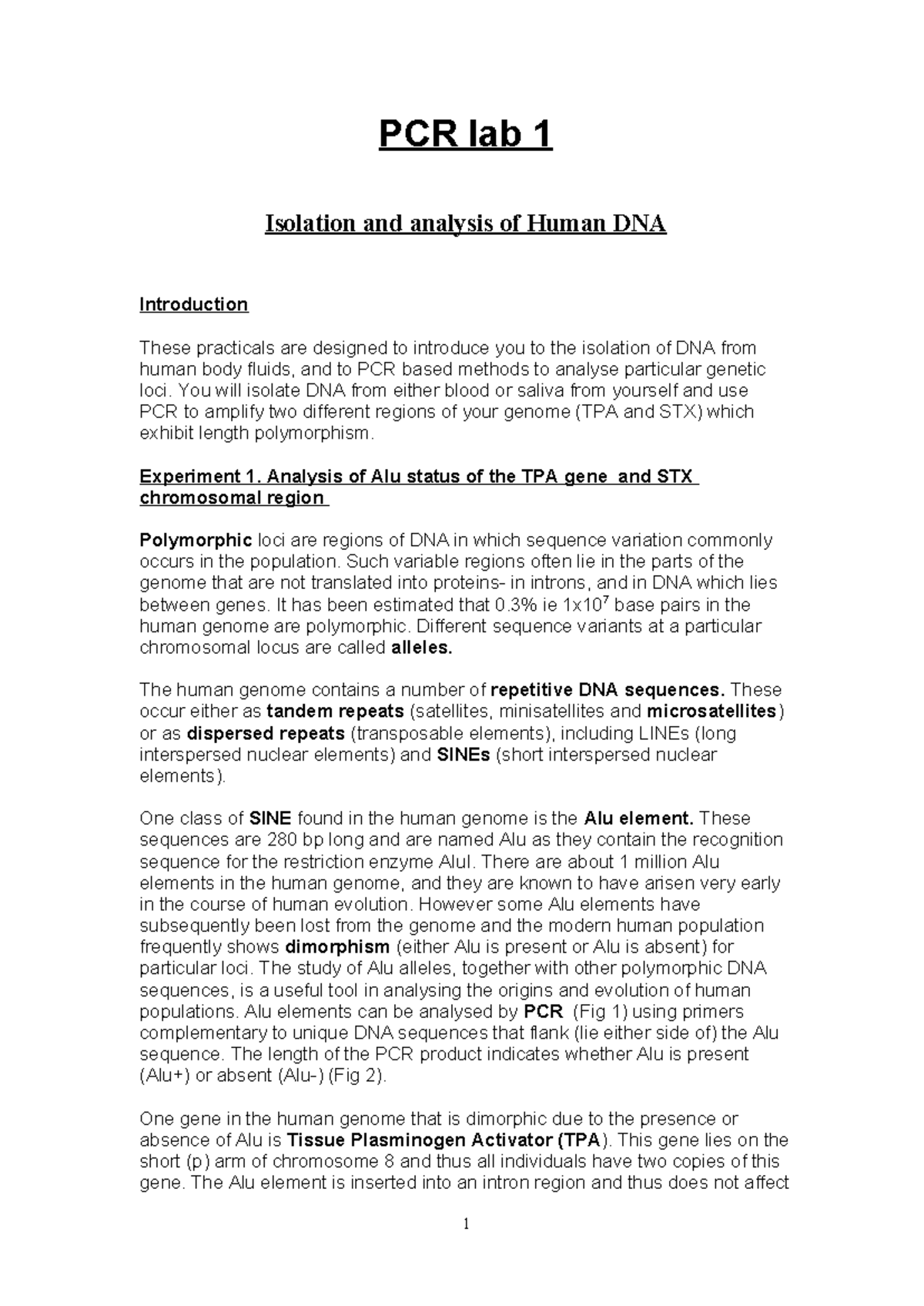 PCR Lab 1: Isolation and Analysis of Human DNA and Alu Elements - Studocu