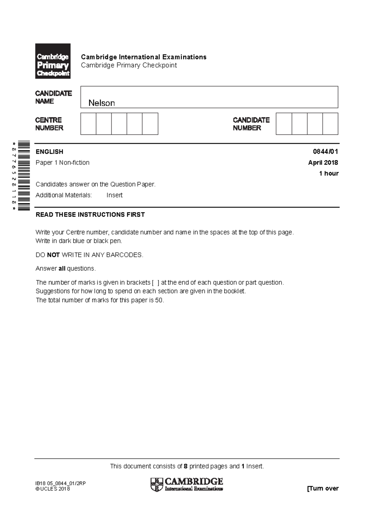 English. Paper 1 - good info - This document consists of 8 printed ...