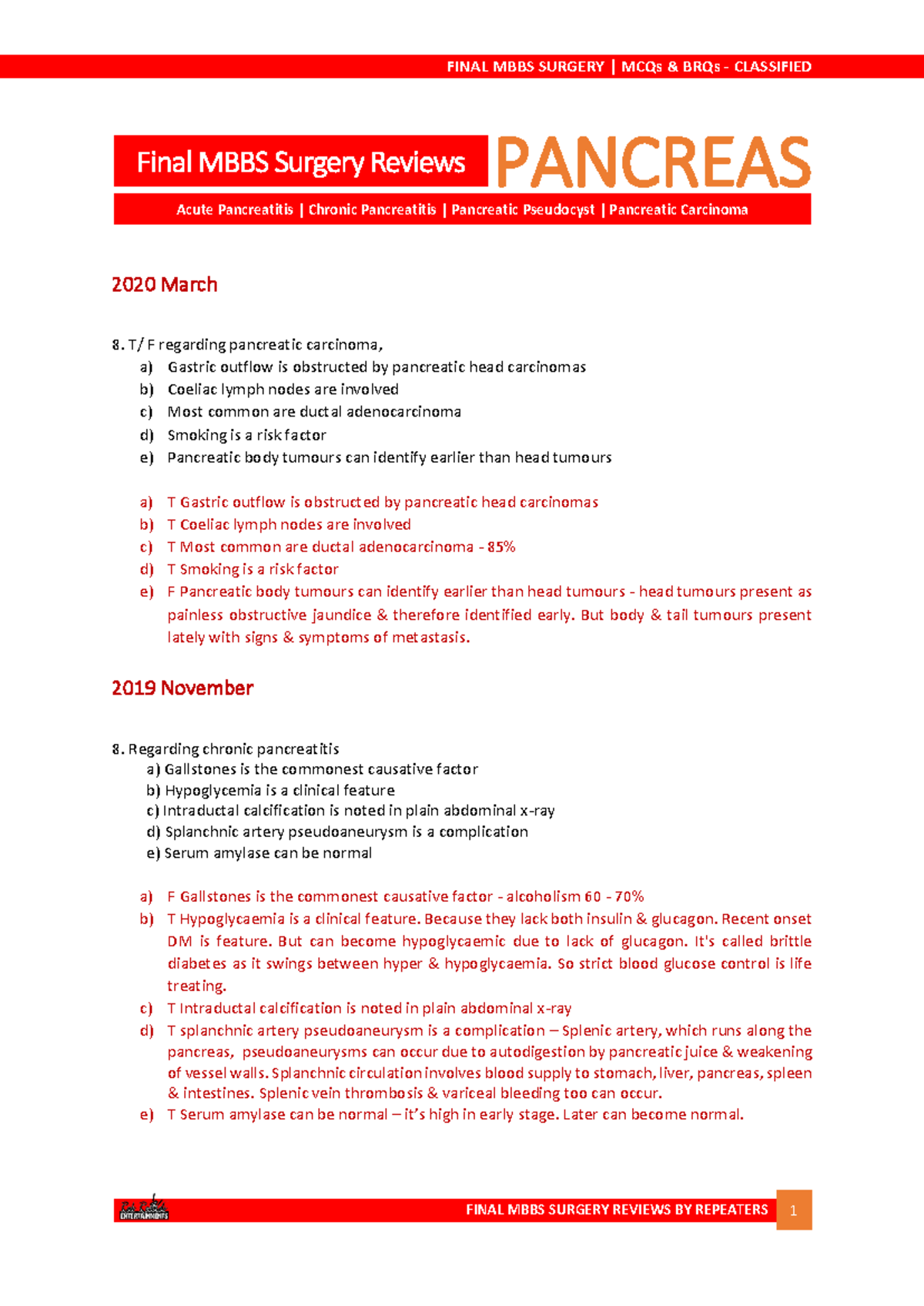FINAL MBBS SURGERY MCQs & BRQs REVIEW ON PANCREAS 2020 - Studocu