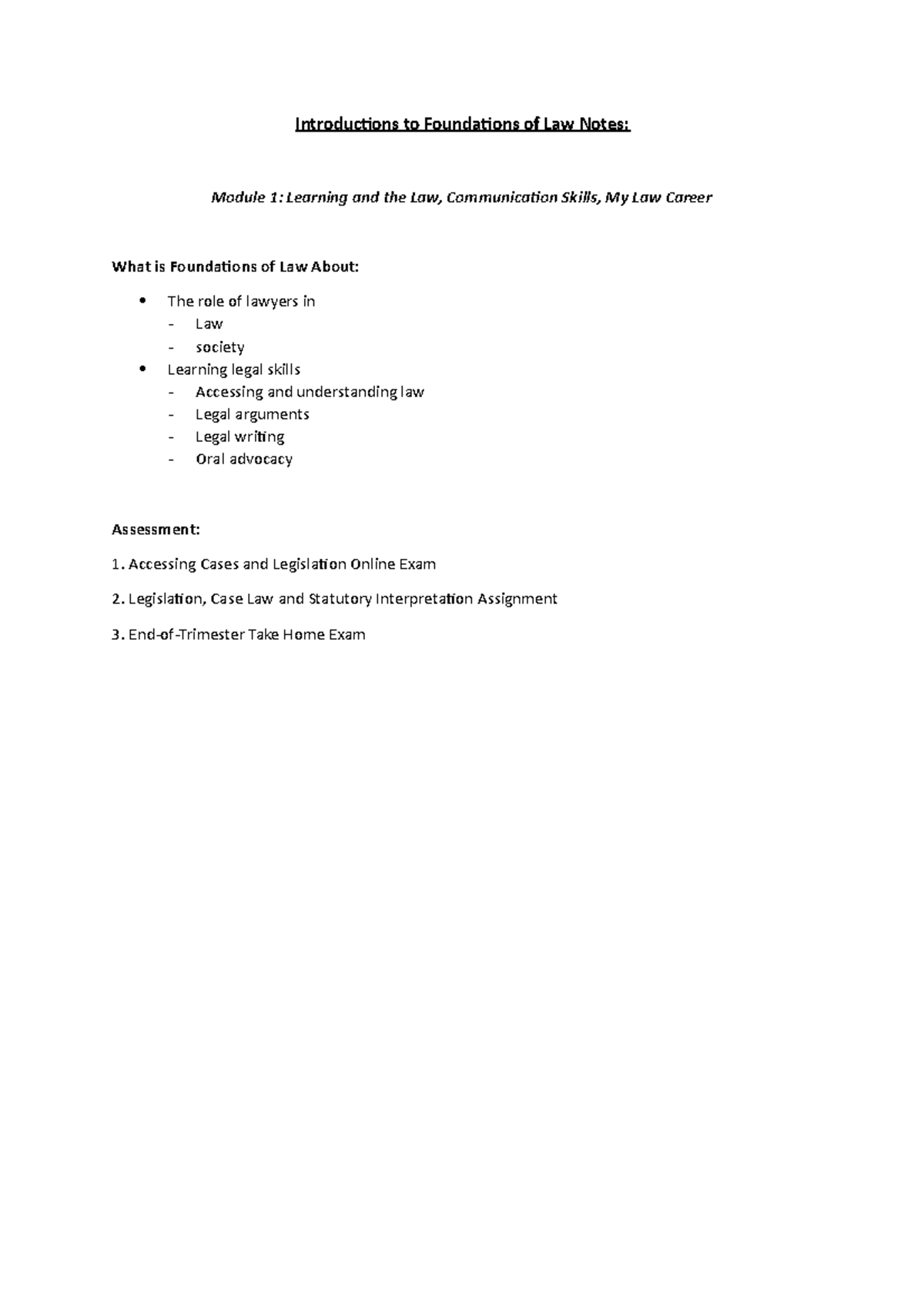 Foundations of Law (LAW101) Lecture Notes and Key Concepts Summary ...