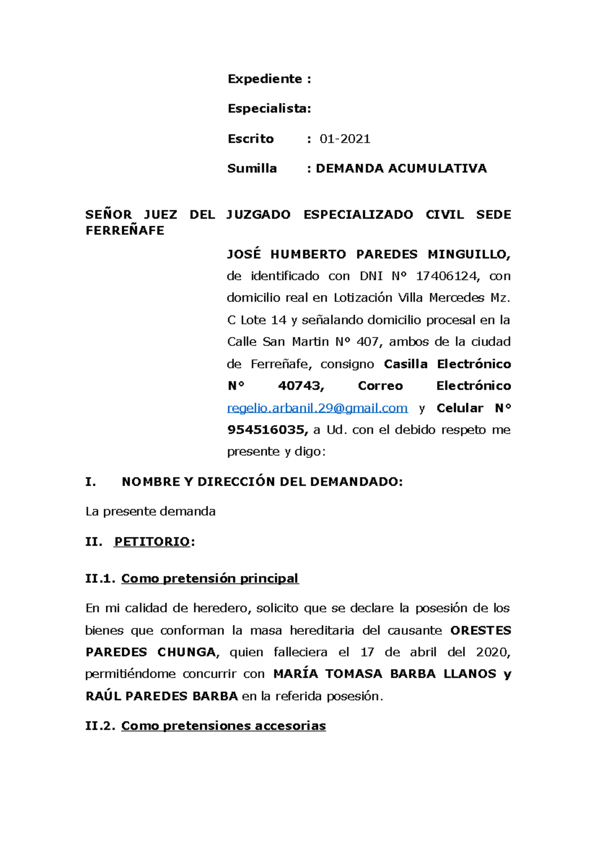 Demanda Acumulativa de Petición de Herencia - Expediente Civil - Document Preview
