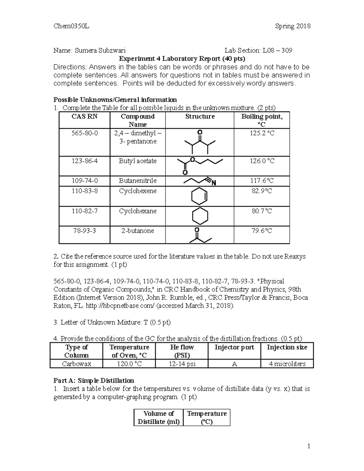 Chemistry Lab Report 4: Simple & Fractional Distillation Analysis - Studocu