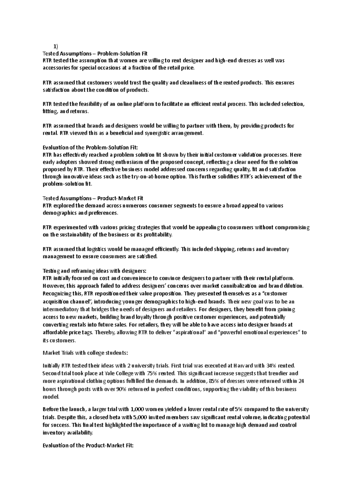 RTR - Problem-Solution Fit and Product-Market Fit Analysis - Studocu
