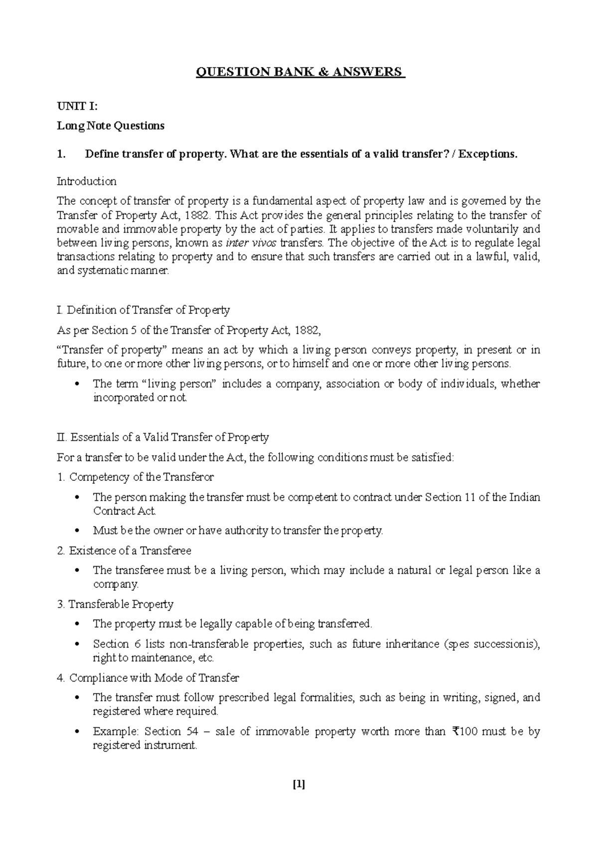 Property Law Q&A: Transfer of Property Act, 1882 - Unit I Insights ...