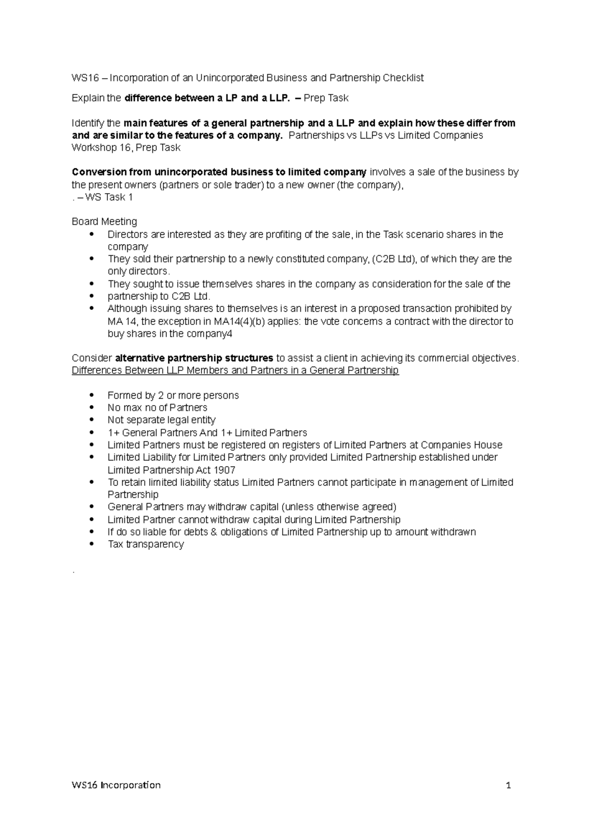 WS16 Incorporation Checklist: LP vs LLP & Partnership Features ...