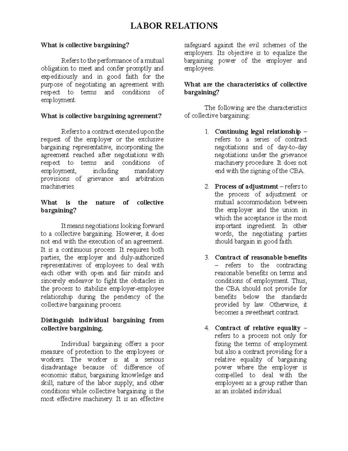 CBA 101: Comprehensive Finals Reviewer on Collective Bargaining - Studocu
