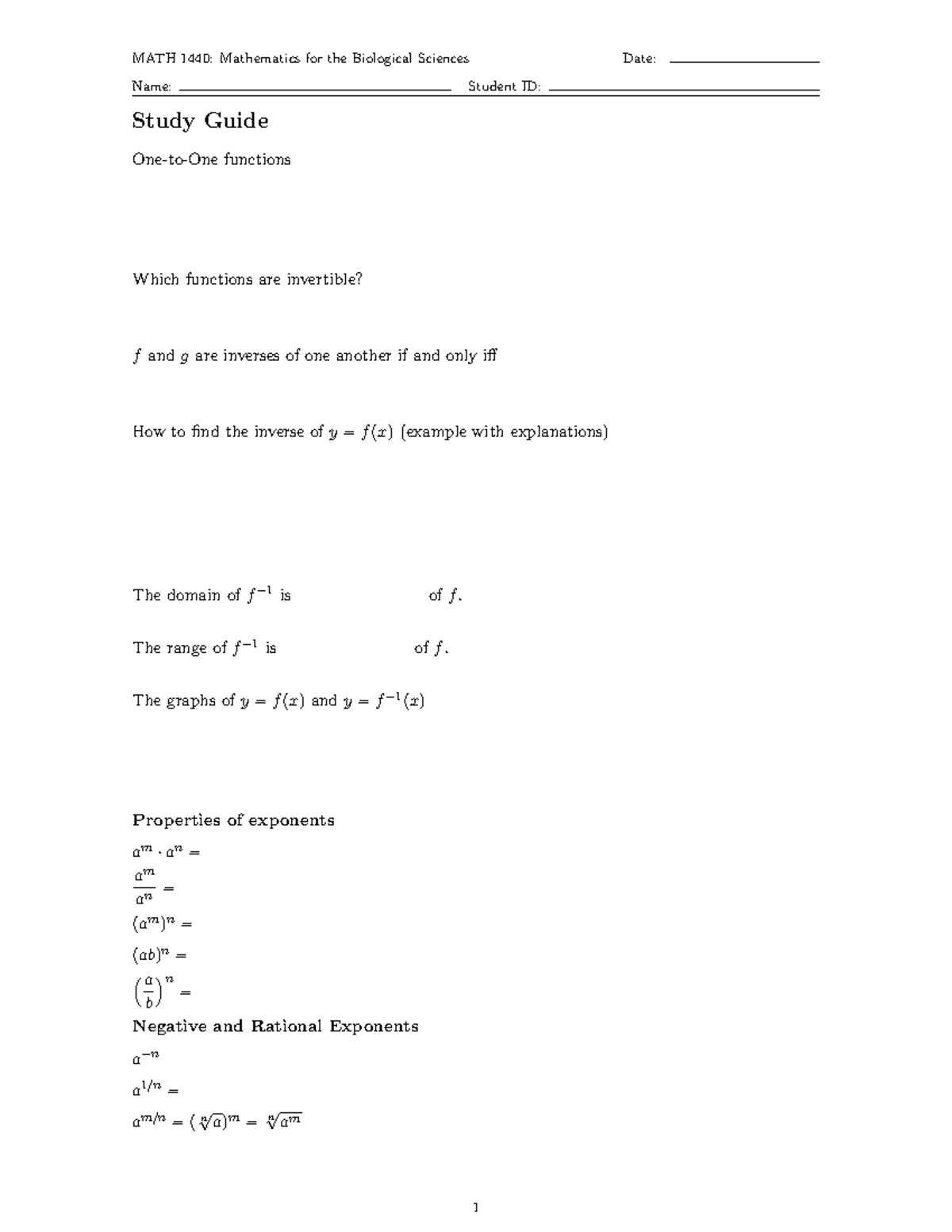 MATH 1440 Study Guide: Functions and Exponents - Studocu