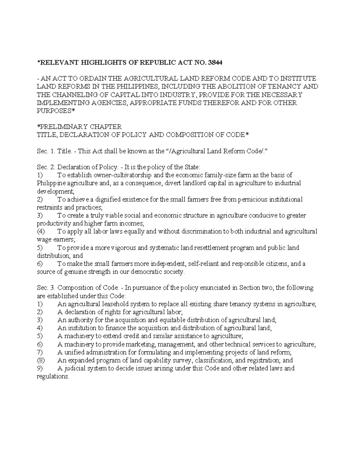 RA 3844 - Highlights of the Agricultural Land Reform Code - Studocu