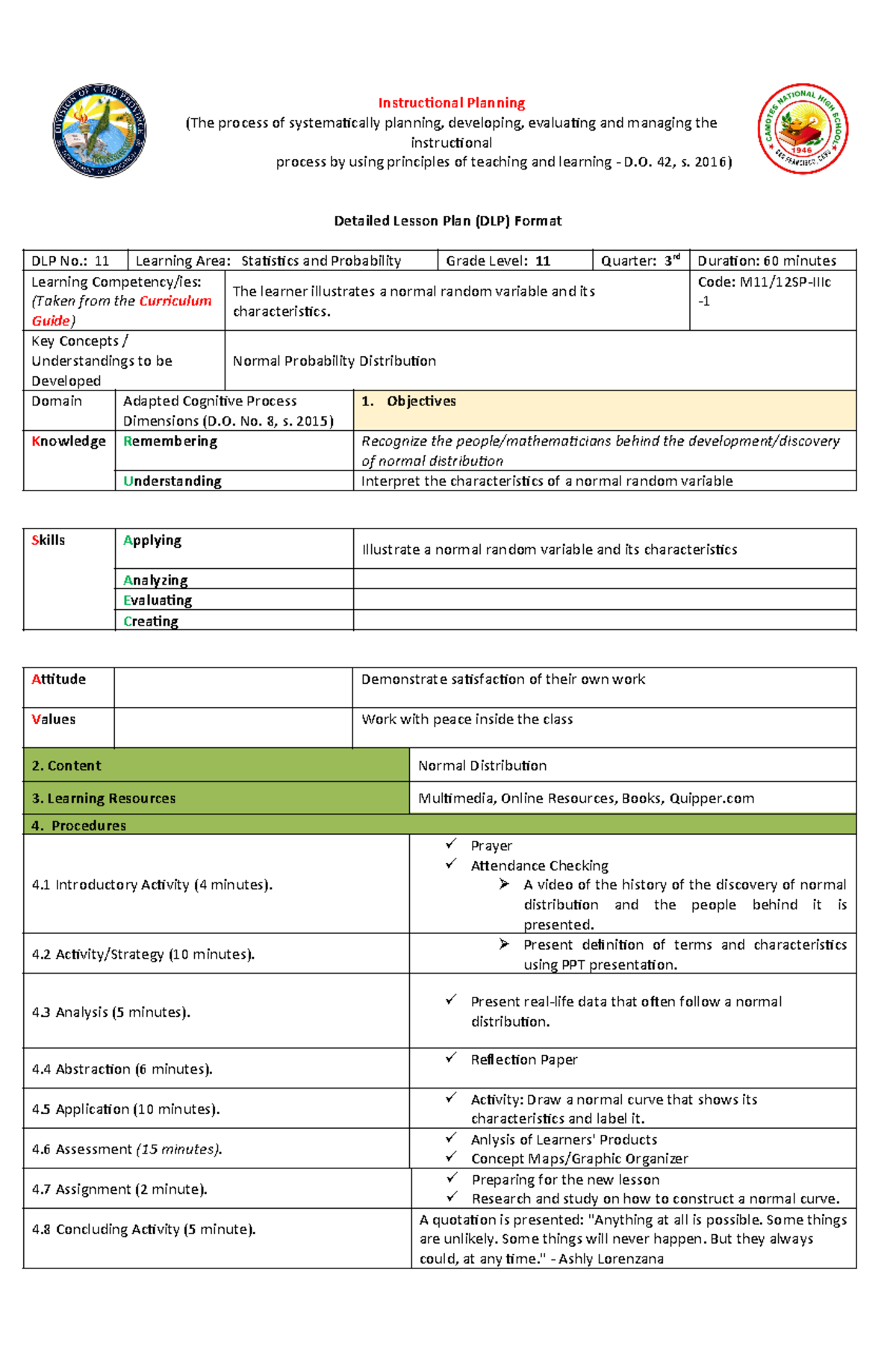 M11/12SP-IIIc Detailed Lesson Plan on Normal Distribution for Grade 11 ...