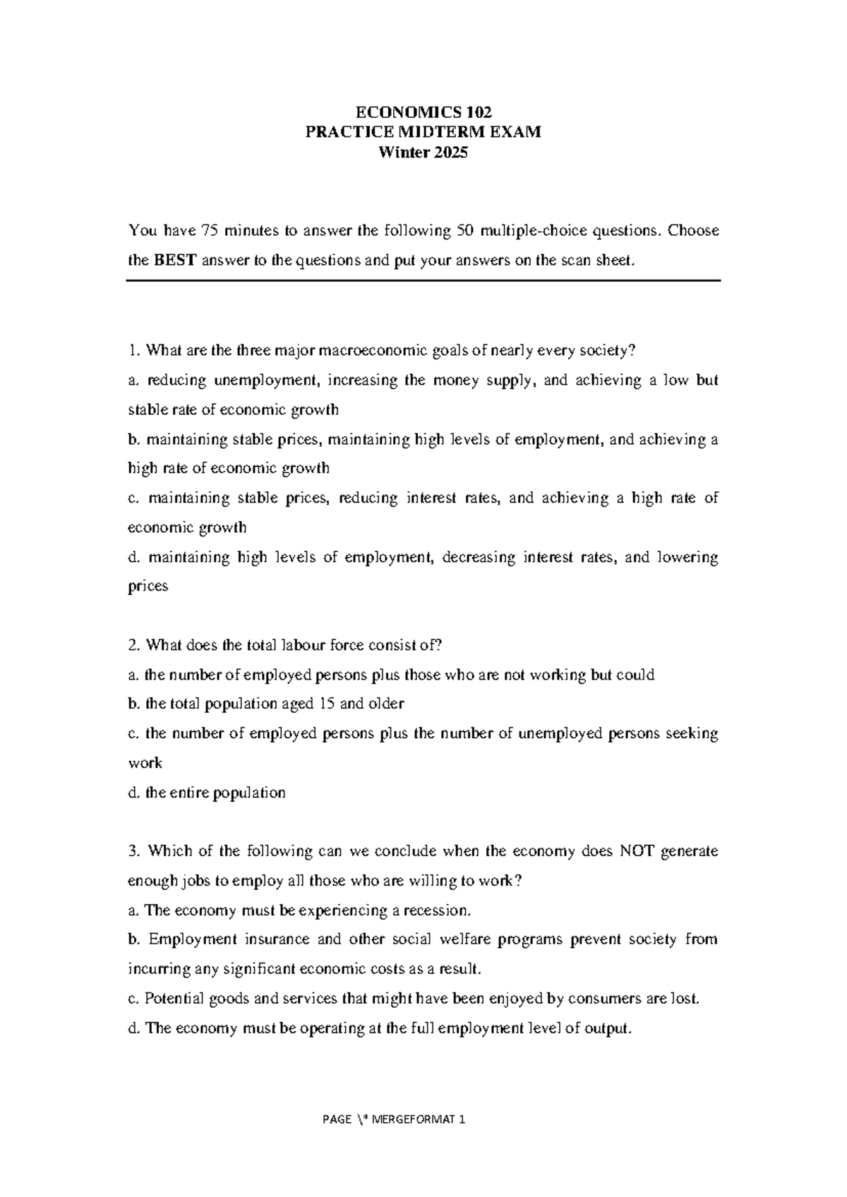 Practice midterm exam Winter 2025 Question - ECONOMICS 102 PRACTICE ...