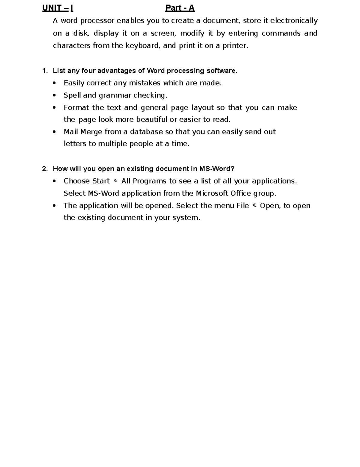 UNIT I CAB Q&A - Word Processing & Excel Functions Overview - Studocu