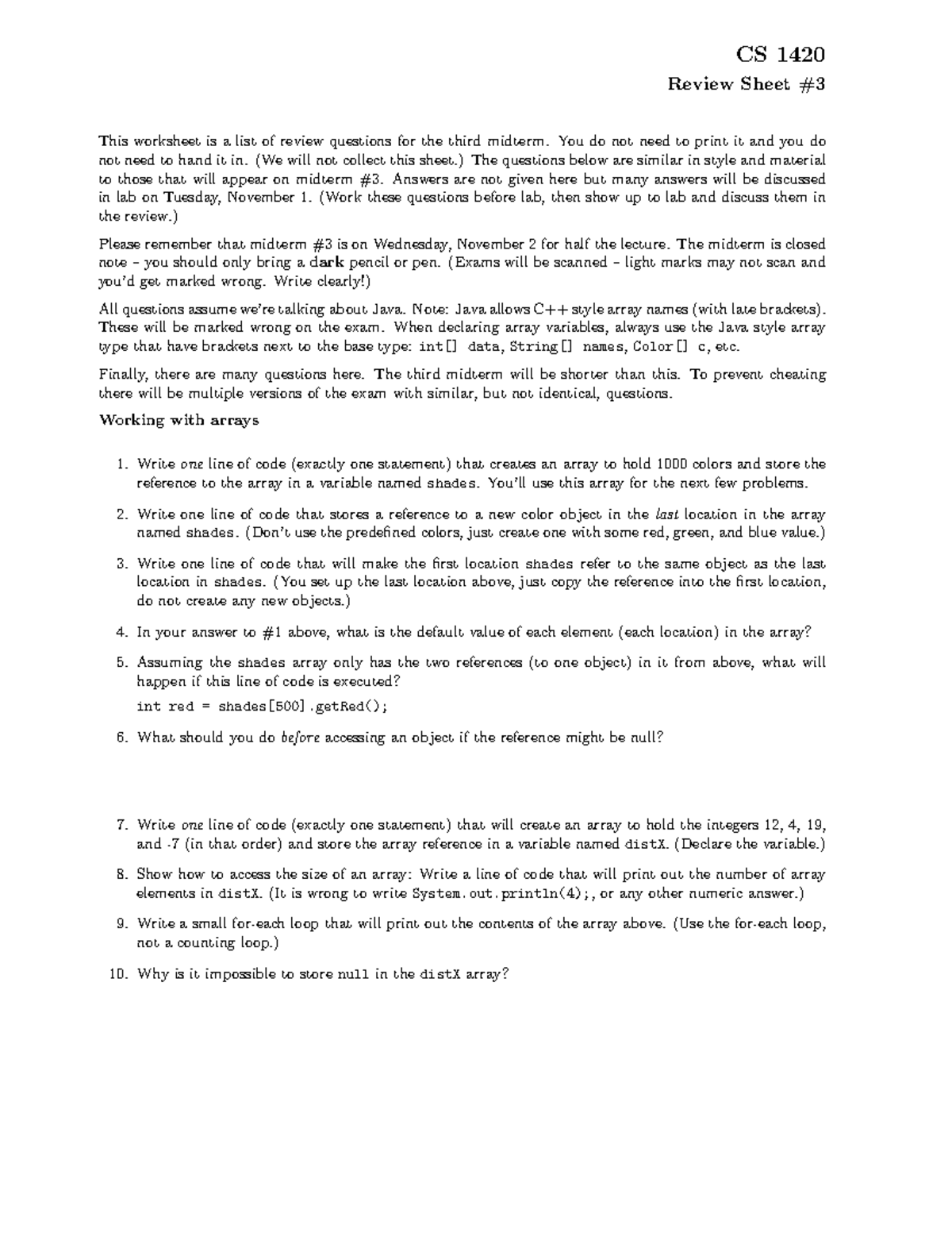 CS 1420 Midterm Review Sheet for Midterm #3 Questions and Tips - Studocu