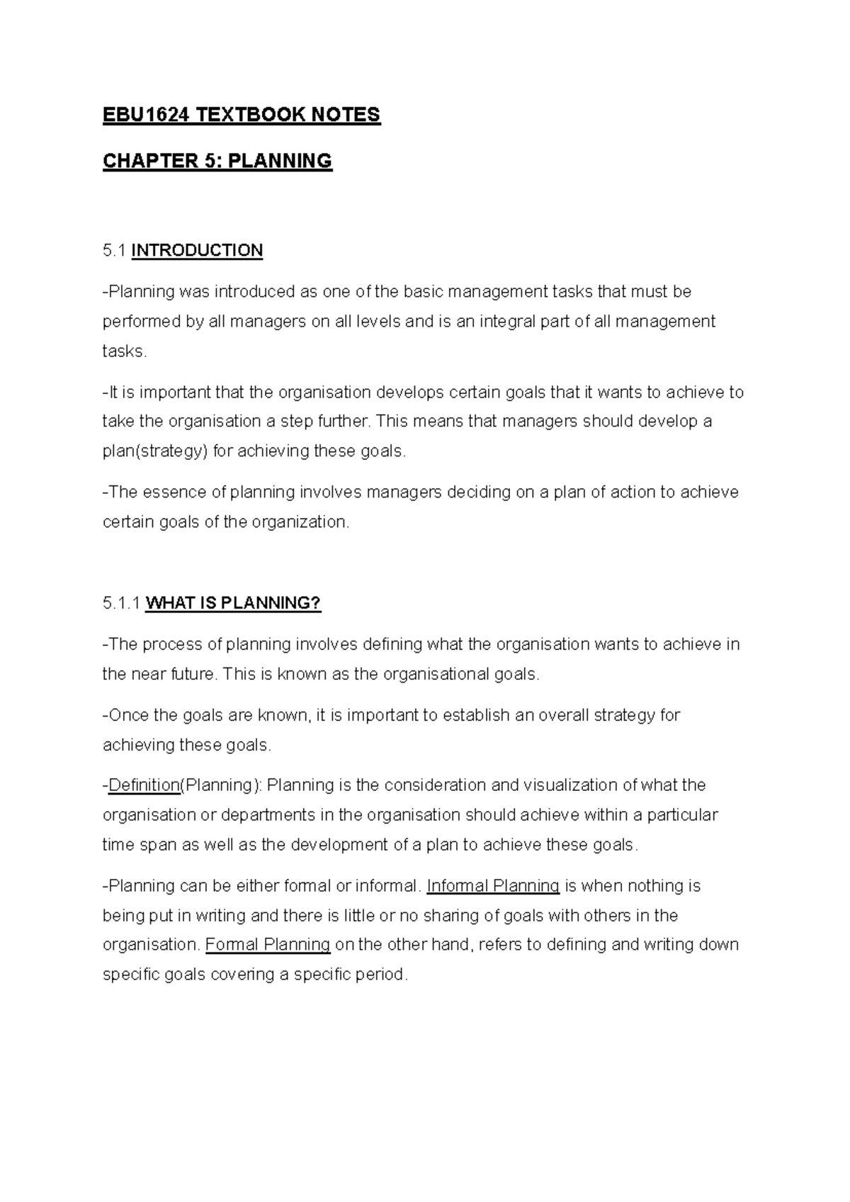 EBUS1624 Textbook Notes: Chapter 5 - Planning in Management - Studocu